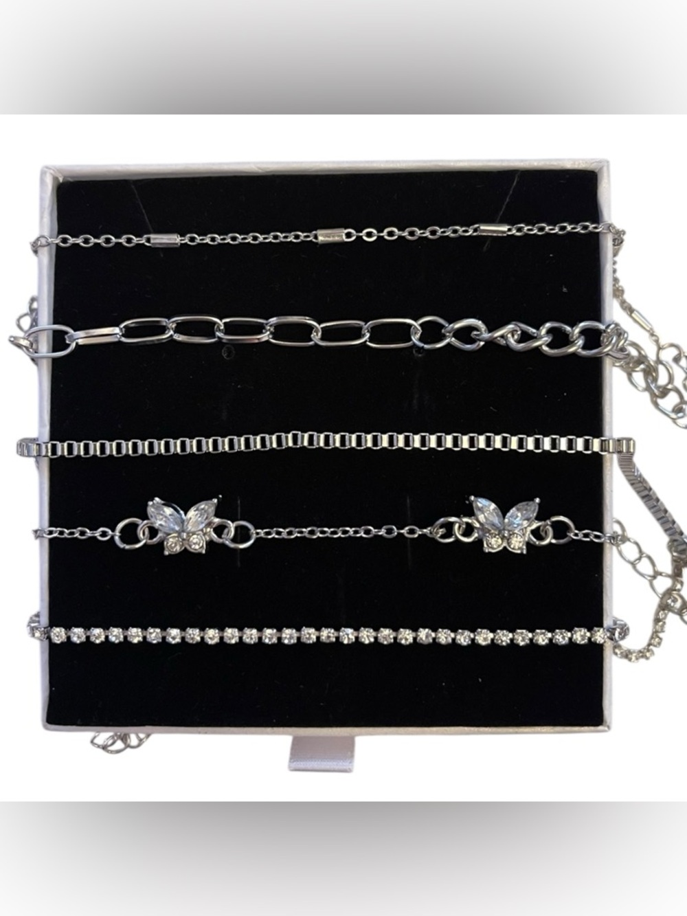 Silver Women’s 5 Bracelet Set - Silver Chains & Butterflies - Stackable